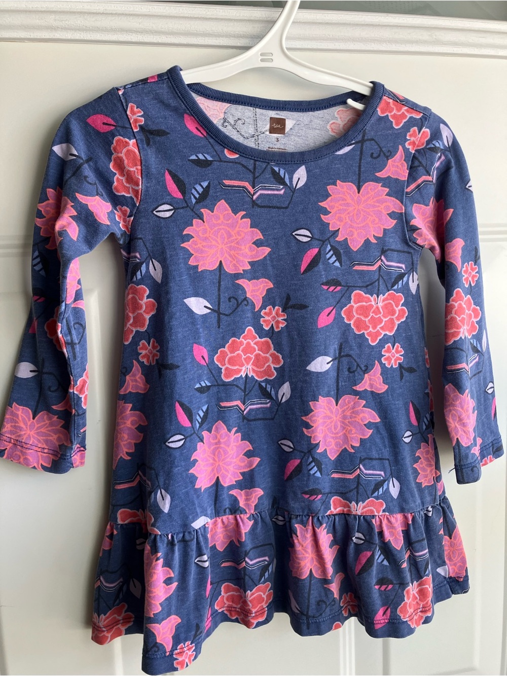 Tea Collection blue pink flower print dress long sleeve 100% cotton 3T